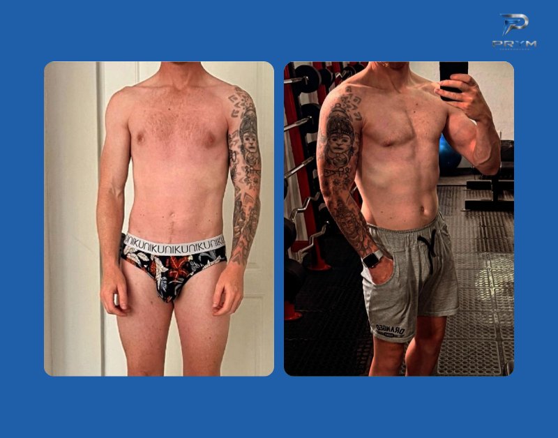 PRYM Performance client before and after transformation, building visible muscle from a lean starting point